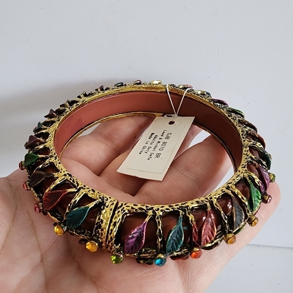 NWT Brown Antique Gold Leaf Crystal Tube Beaded Bangle Bracelet‎ - Picture 8 of 8